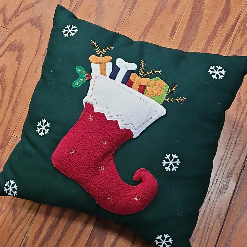 Vintage Christmas Pillow Green Red Stocking Dog Bones Couch Square